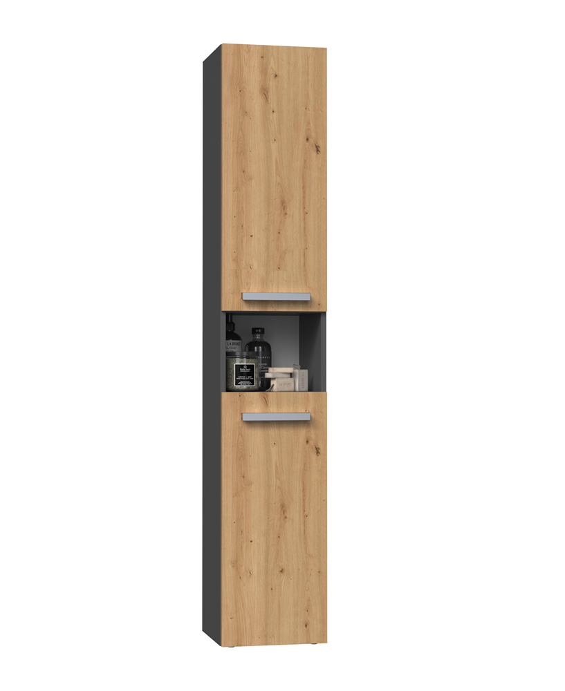 Badezimmerschrank Heinrich Anthrazit/Artisan-Eiche mit Wäschekorb 31 cm breit