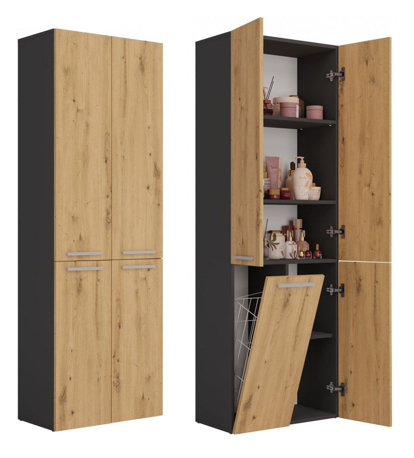 Badezimmerschrank Heinrich Anthrazit/Artisan mit 5 Regalböden und 1 Wäschekorb