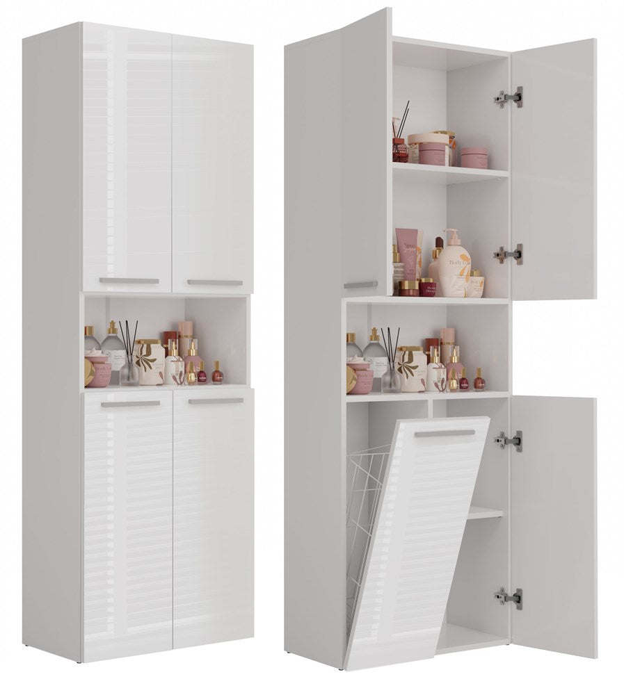 Badezimmerschrank HEINRICH Weiß Hochglanz mit 1 Wäschekorb 60 cm