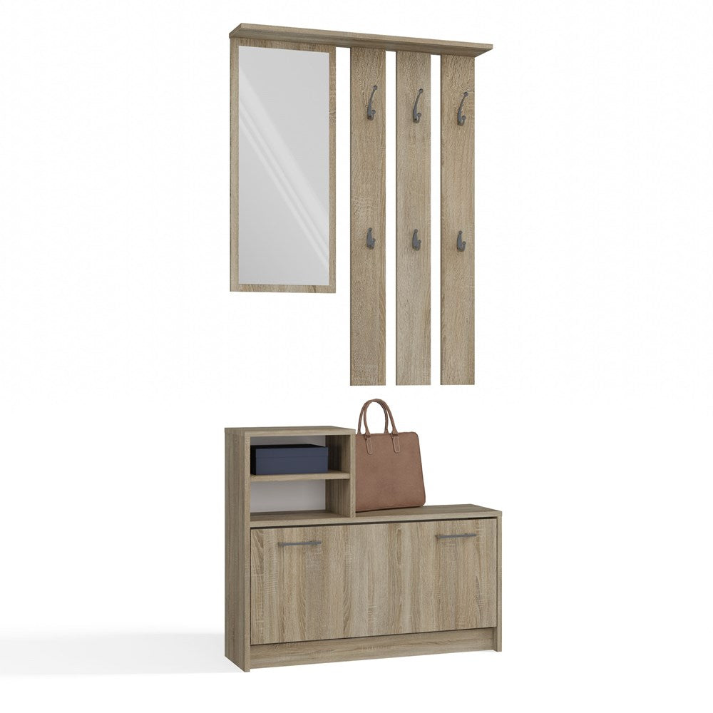 Garderobe Diana | Komplett-Set mit Spiegel, Garderobenpaneel und Schuhschrank Sonoma Eiche
