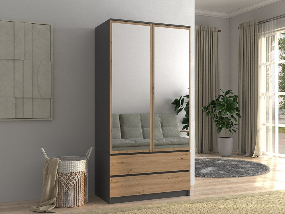 Kleiderschrank WOLFGANG Anthrazit/Artisan rechts mit Spiegel 90 cm