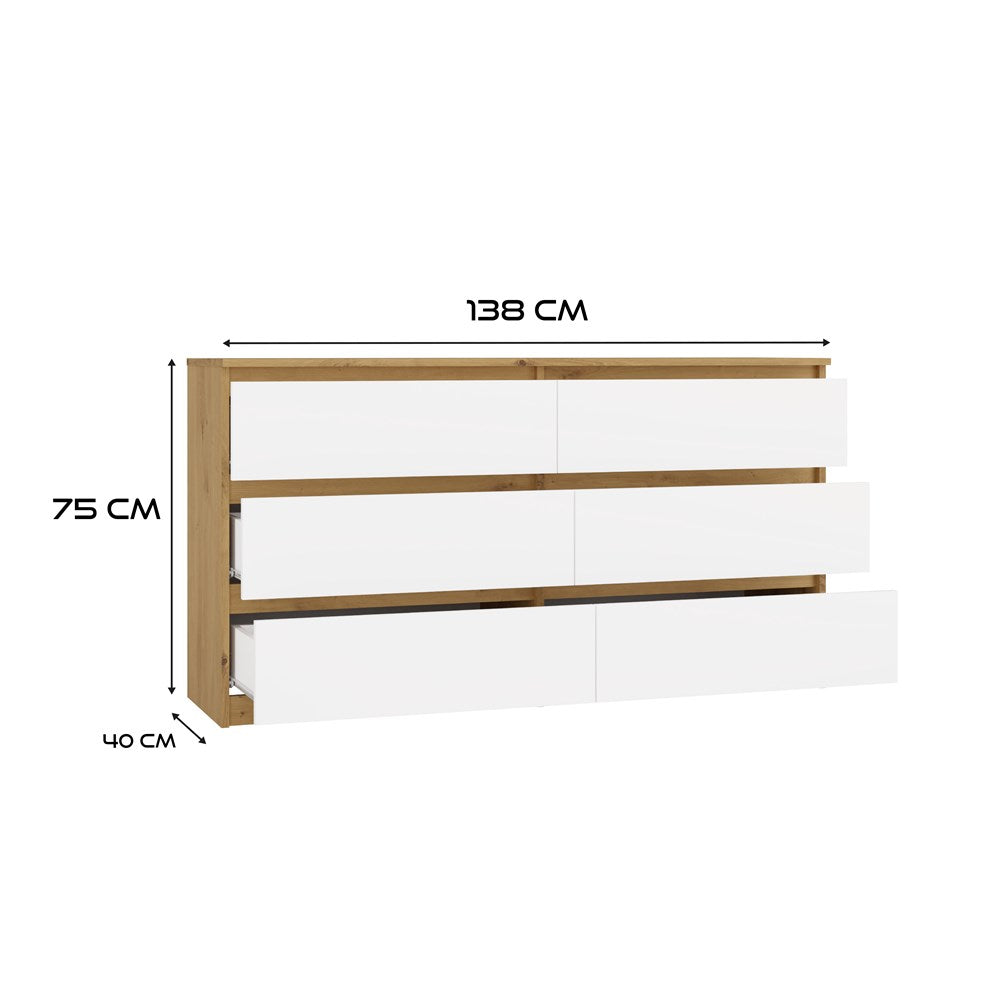 Kommode WOLFGANG Weiß/Artisan 138 cm mit 6 Schubladen