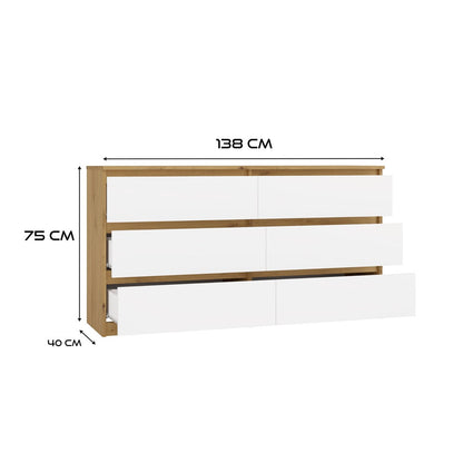 Kommode WOLFGANG Weiß/Artisan 138 cm mit 6 Schubladen