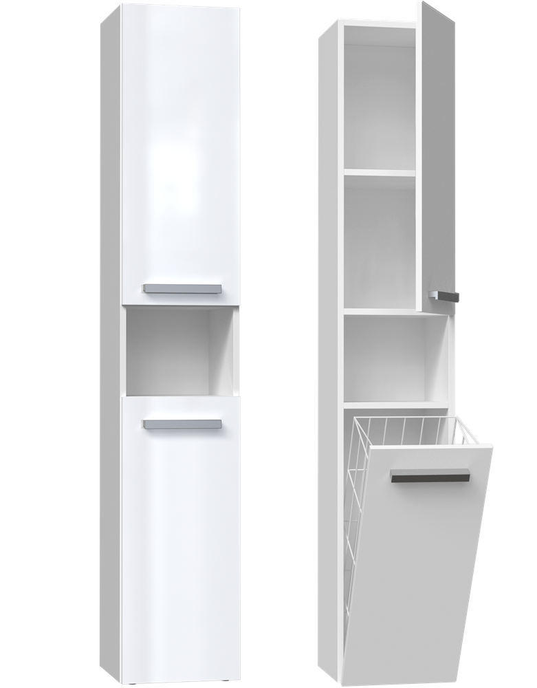 Badezimmerschrank Heinrich Weiß Hochglanz rechts 31 cm breit mit Wäschekorb