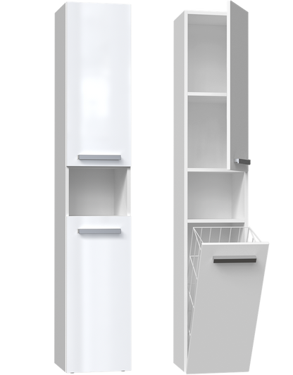 Badezimmerschrank Heinrich Weiß Hochglanz rechts 31 cm breit mit Wäschekorb