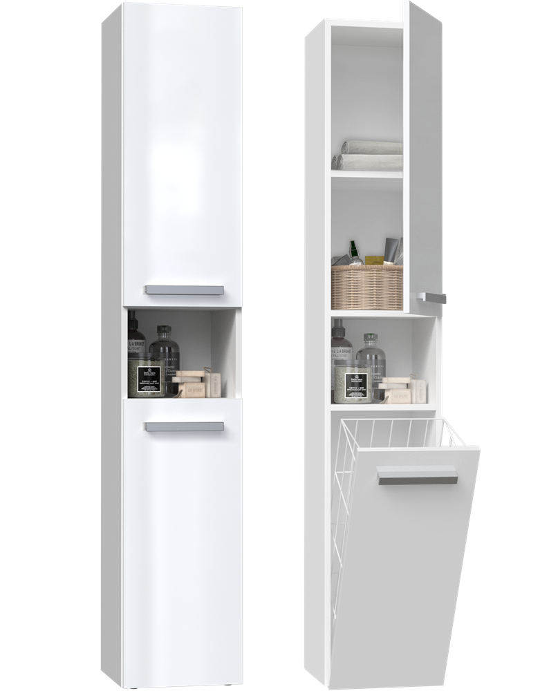 Badezimmerschrank Heinrich Weiß Hochglanz rechts 31 cm breit mit Wäschekorb