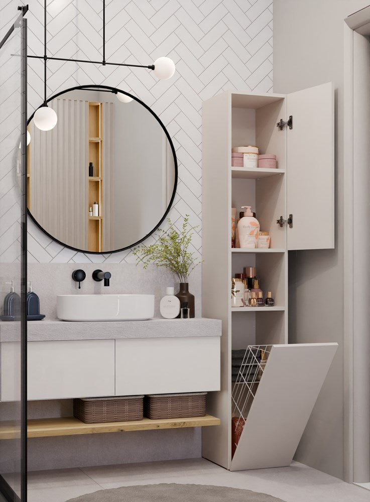 Badezimmerschrank Heinrich Kaschmir mit Wäschekorb und TIP-ON-System 31 cm breit