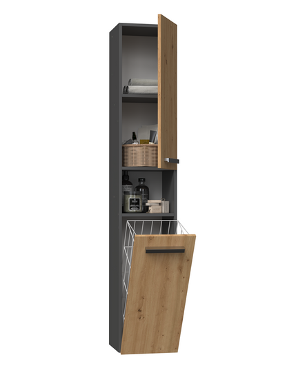Badezimmerschrank Heinrich Anthrazit/Artisan-Eiche mit Wäschekorb 31 cm breit