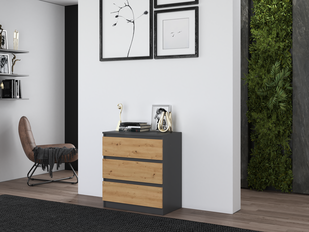 Kommode Wolfgang Anthrazit/Artisan mit 3 Schubladen 70 cm