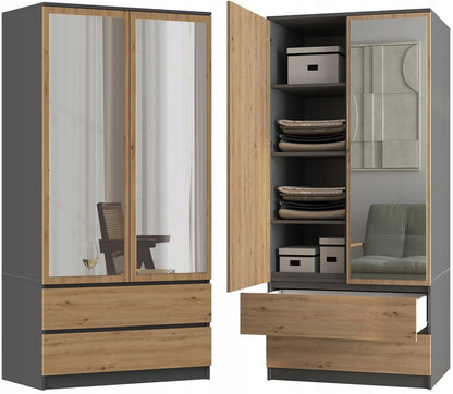 Kleiderschrank WOLFGANG Anthrazit/Artisan rechts mit Spiegel 90 cm