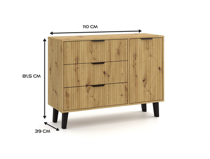 Kommode Olaf Schwarz/Artisan mit 3 Schubladen 110 cm